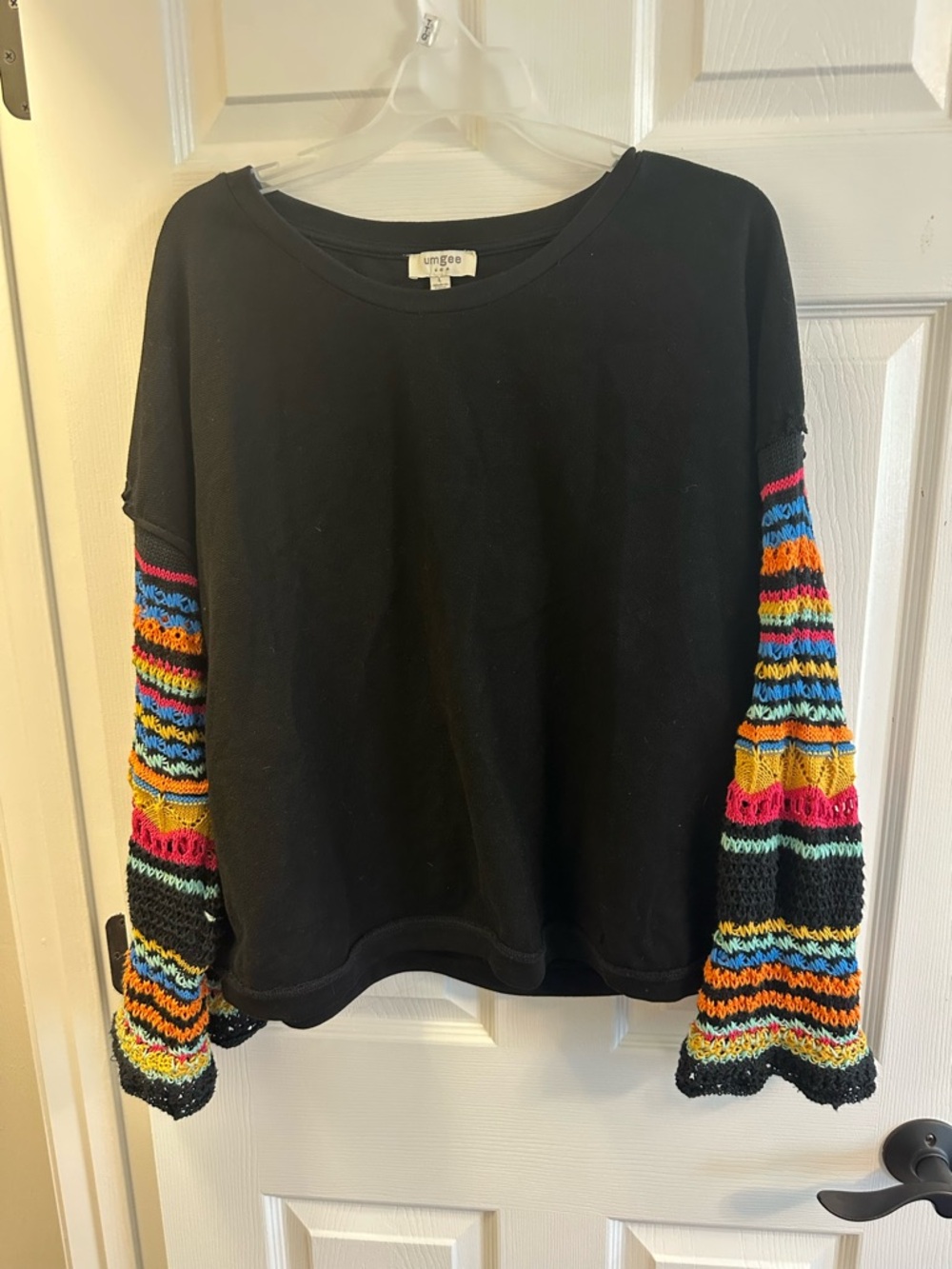 Umgee Black Sweatshirt with Multicolor Knit Bell Sleeves